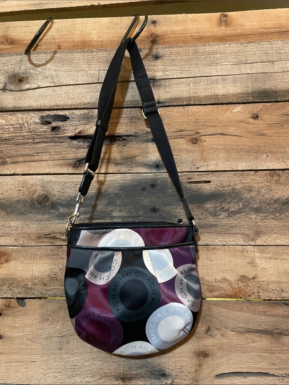 Coach Crossbody Bag with Burgundy, Black and Cream Circle Print
